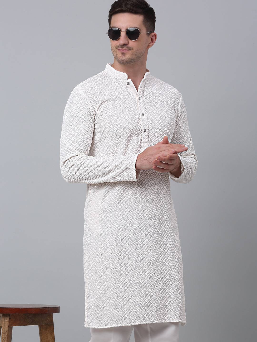 Jompers Men's White Embroidered Sequinned Kurta with Churidar - Distacart