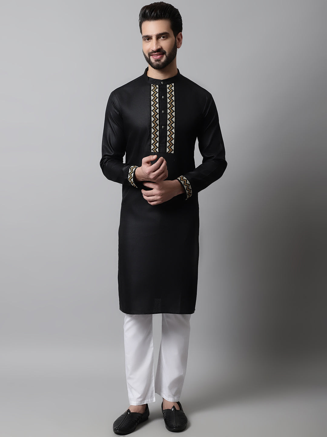 Jompers Men's Black Embroidered Kurta with Churidar - Distacart