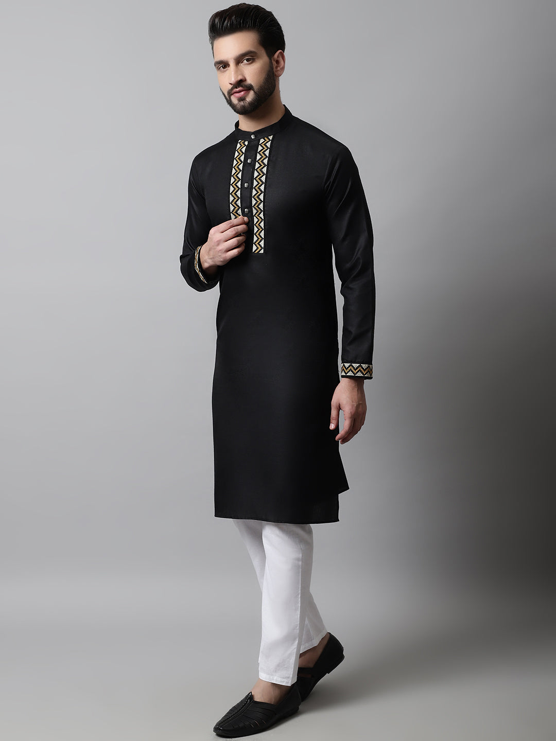Jompers Men's Black Embroidered Kurta with Churidar - Distacart