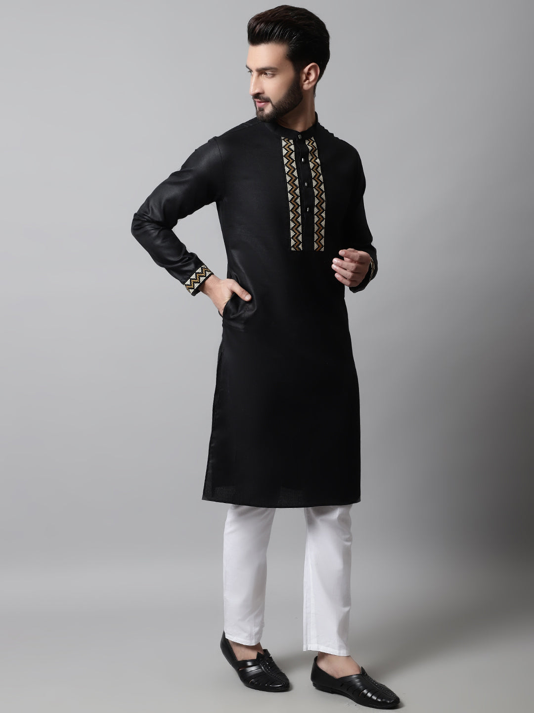 Jompers Men's Black Embroidered Kurta with Churidar - Distacart