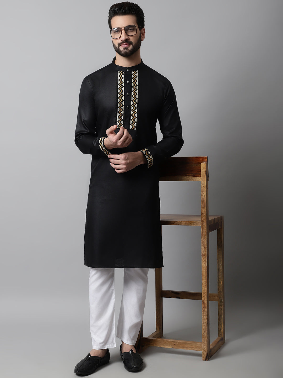 Jompers Men's Black Embroidered Kurta with Churidar - Distacart