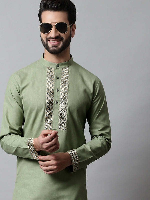 Jompers Men's Pista Green Embroidered Mirror Work Kurta with Churidar - Distacart