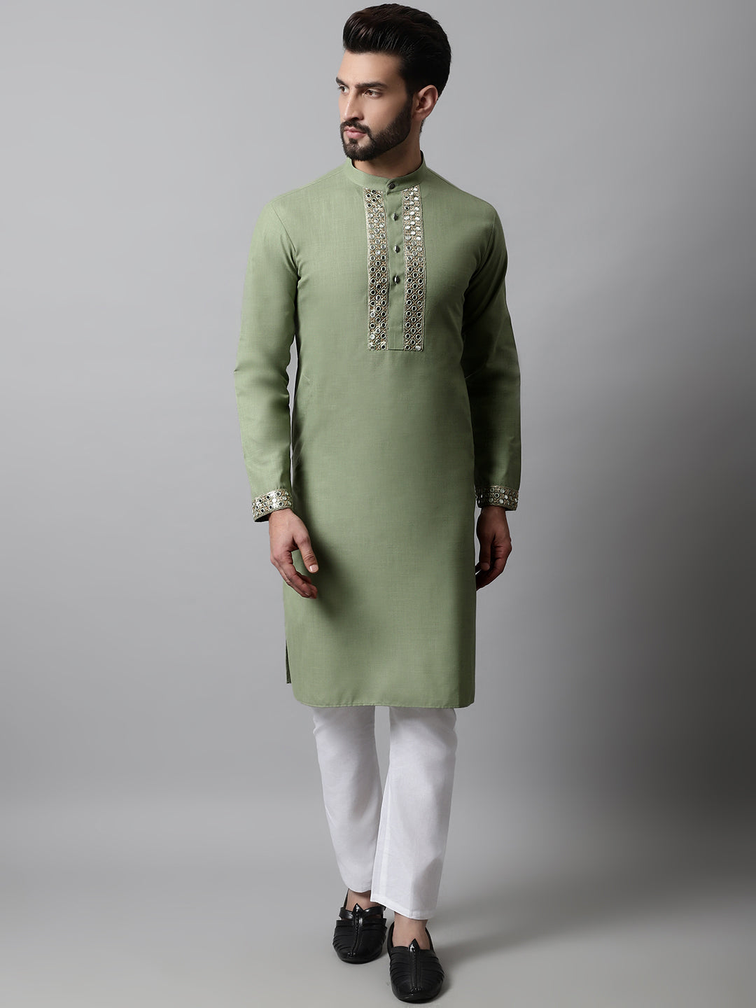 Jompers Men's Pista Green Embroidered Mirror Work Kurta with Churidar - Distacart