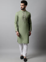 Thumbnail for Jompers Men's Pista Green Embroidered Mirror Work Kurta with Churidar - Distacart
