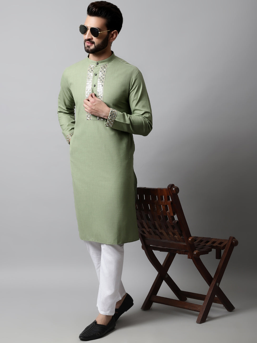 Jompers Men's Pista Green Embroidered Mirror Work Kurta with Churidar - Distacart