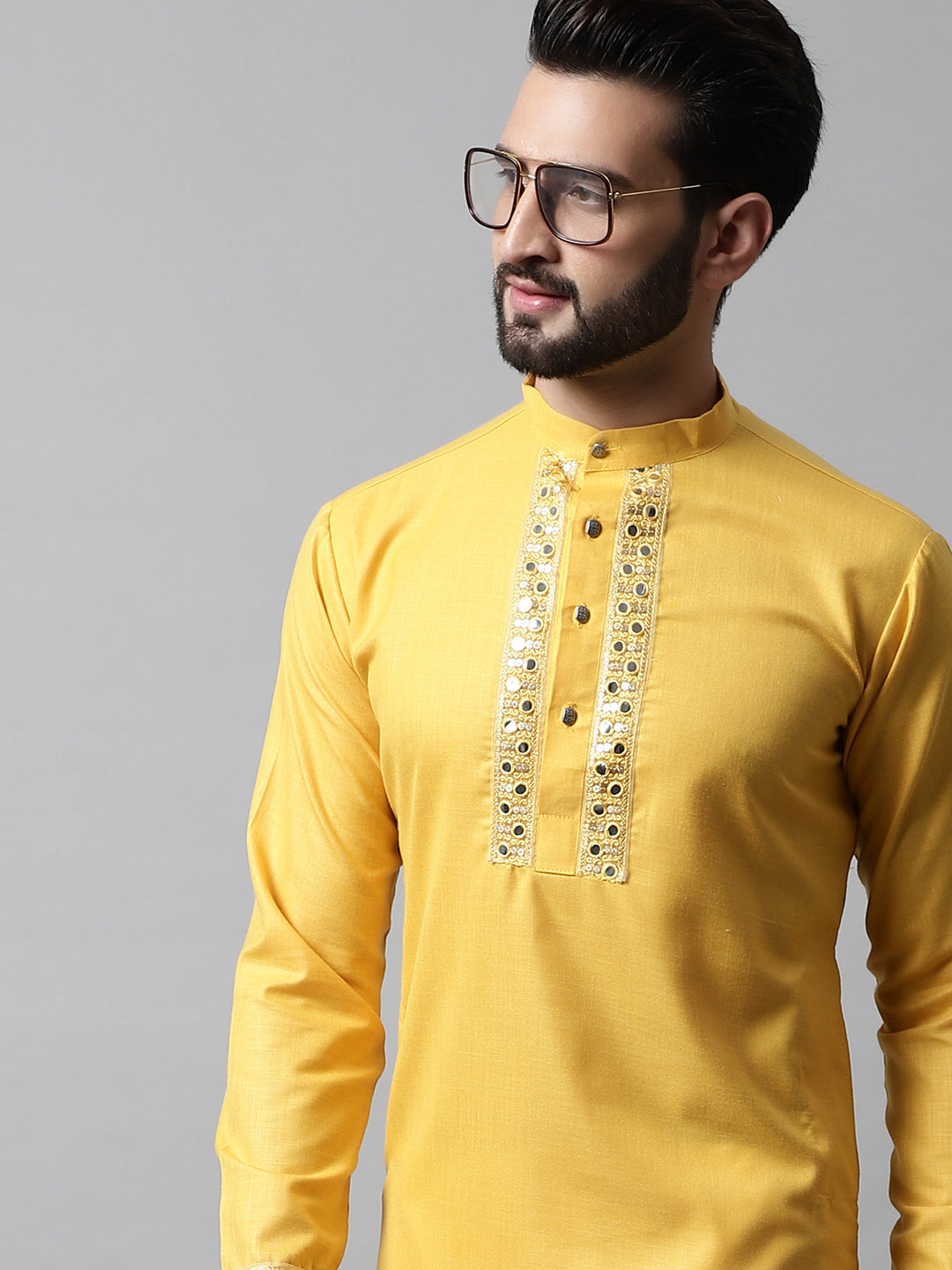 Jompers Men's Yellow Embroidered Mirror Work Kurta with Churidar - Distacart