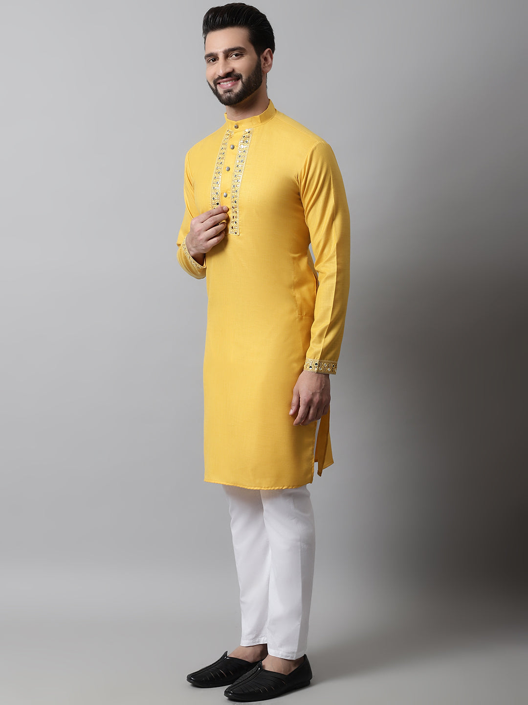 Jompers Men's Yellow Embroidered Mirror Work Kurta with Churidar - Distacart