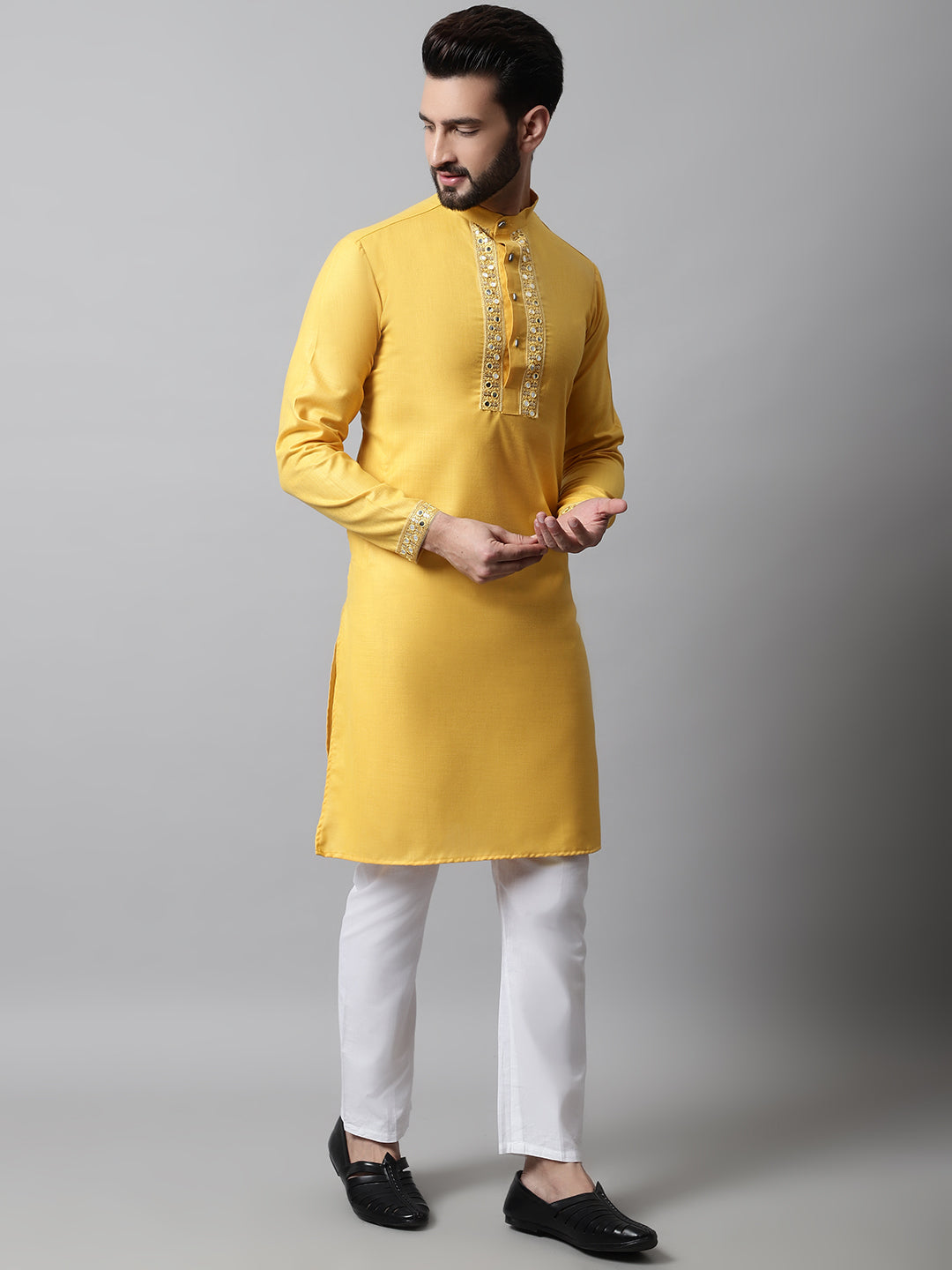 Jompers Men's Yellow Embroidered Mirror Work Kurta with Churidar - Distacart