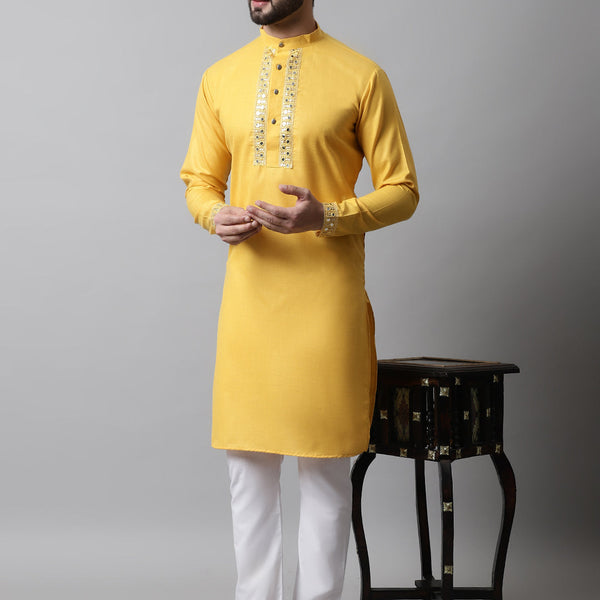 Jompers Men's Yellow Embroidered Mirror Work Kurta with Churidar - Distacart