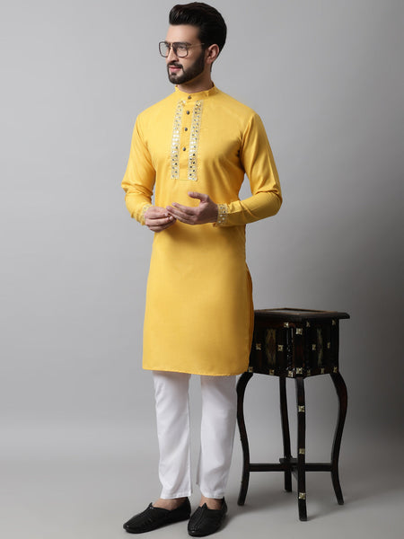 Jompers Men's Yellow Embroidered Mirror Work Kurta with Churidar - Distacart