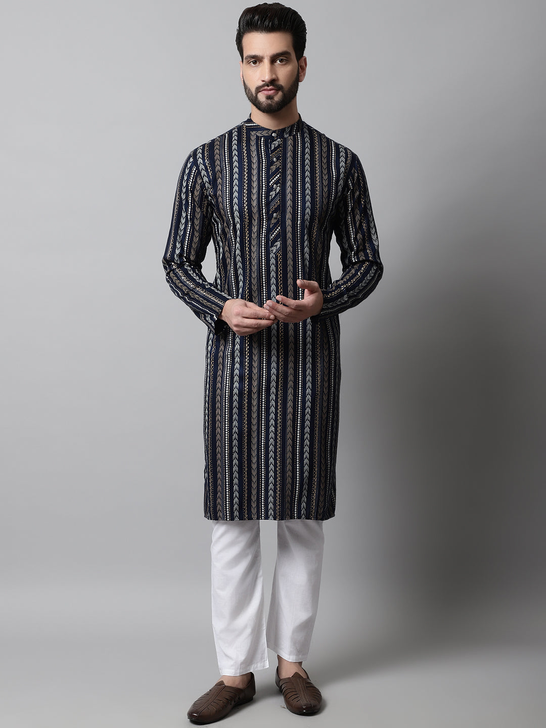 Jompers Men's Navy Blue Foil Printed Kurta with Churidar - Distacart