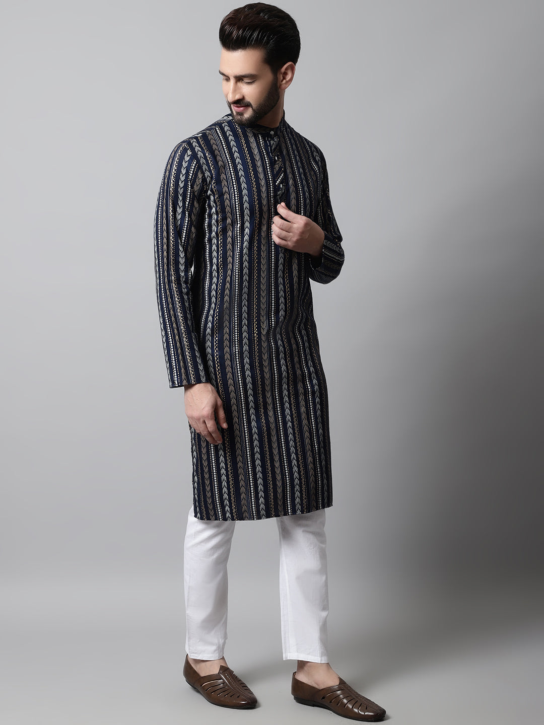 Jompers Men's Navy Blue Foil Printed Kurta with Churidar - Distacart
