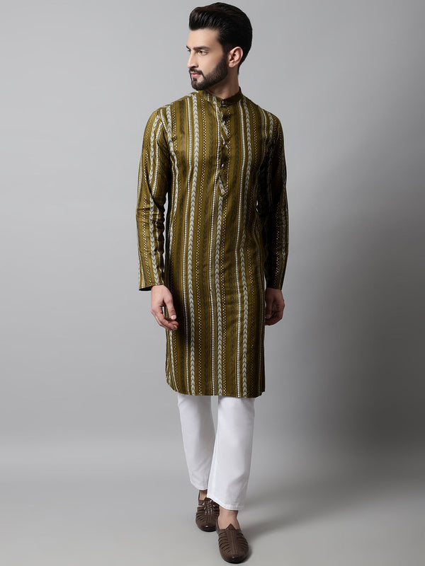 Jompers Men's Olive Green Foil Printed Kurta with Churidar - Distacart