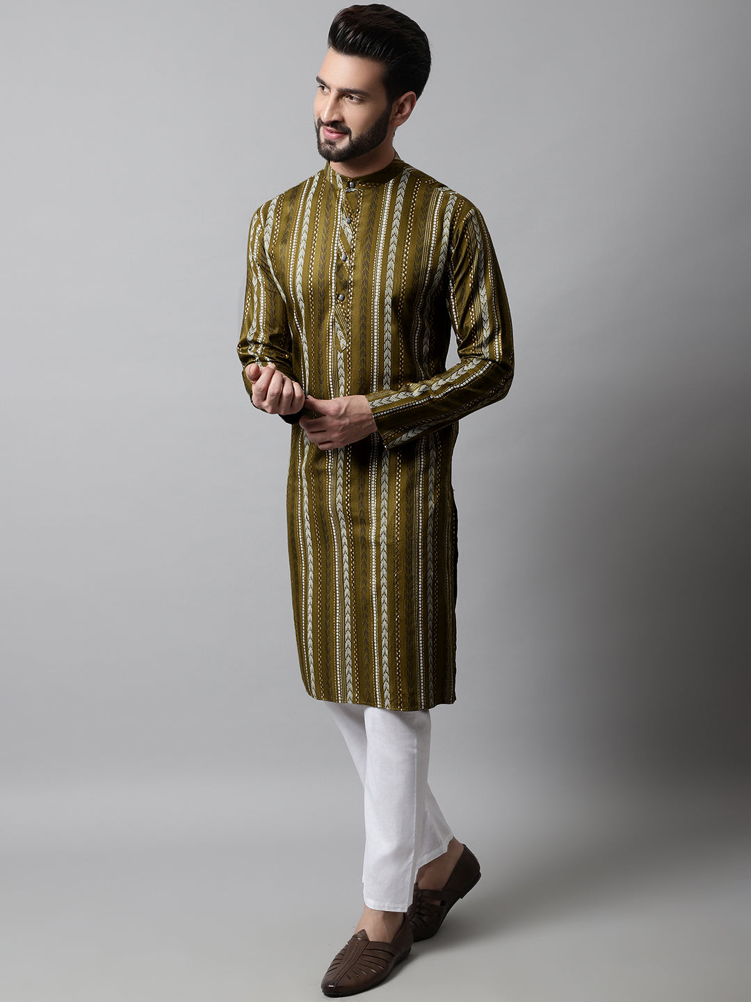 Jompers Men's Olive Green Foil Printed Kurta with Churidar - Distacart