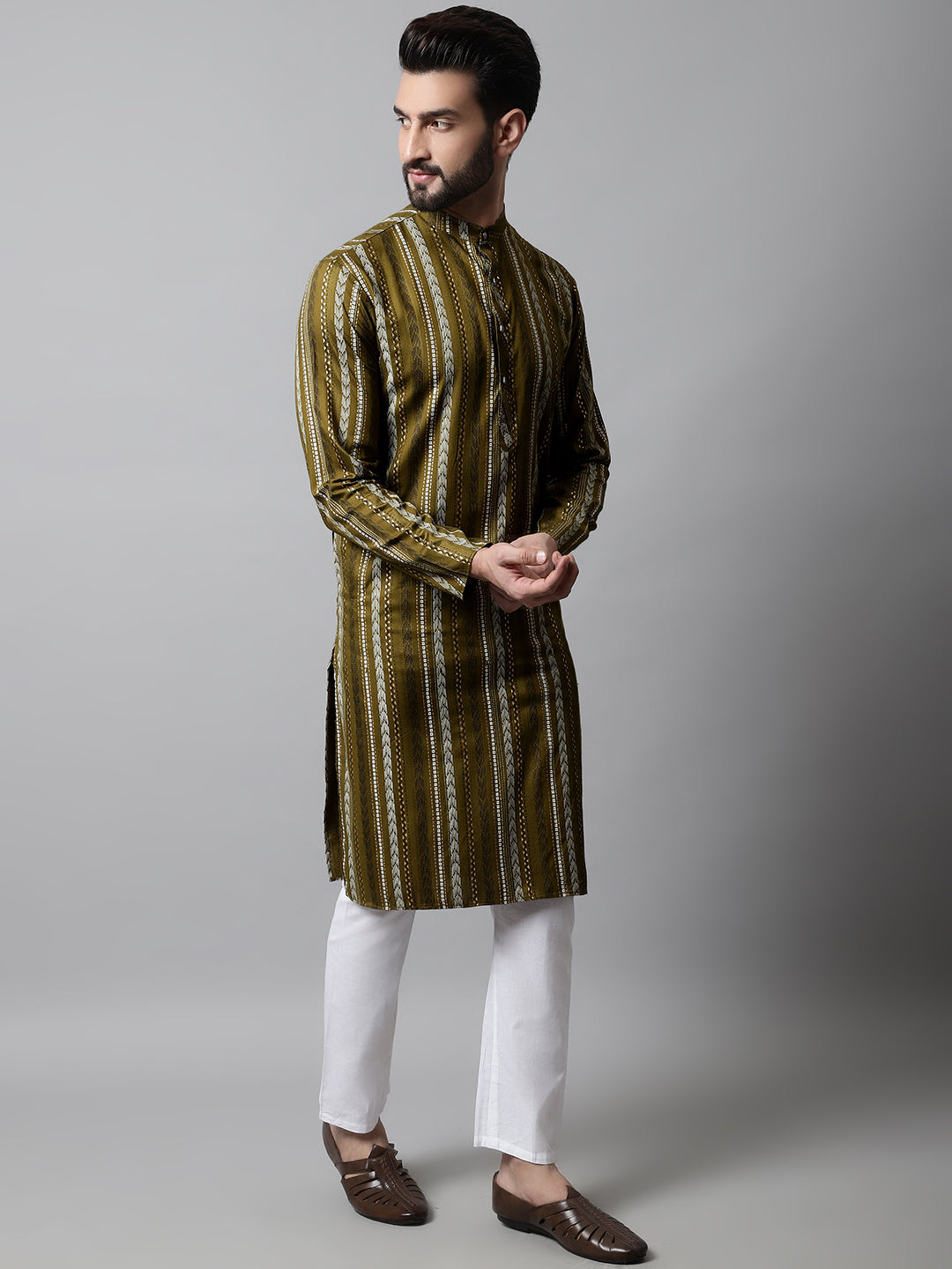 Jompers Men's Olive Green Foil Printed Kurta with Churidar - Distacart