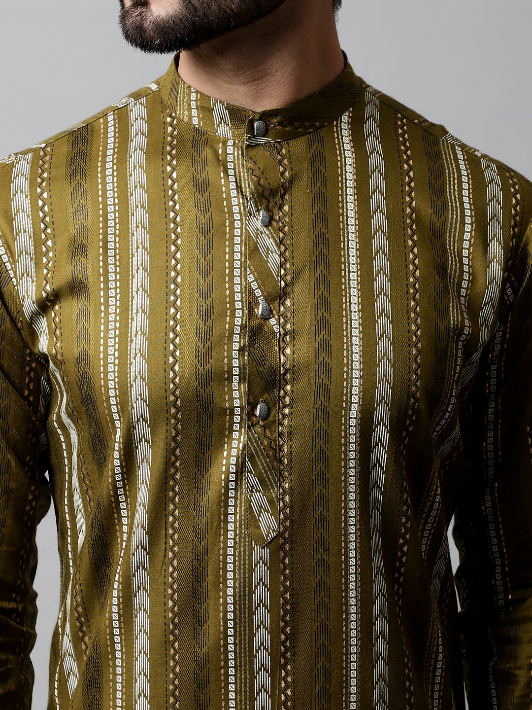 Jompers Men's Olive Green Foil Printed Kurta with Churidar - Distacart