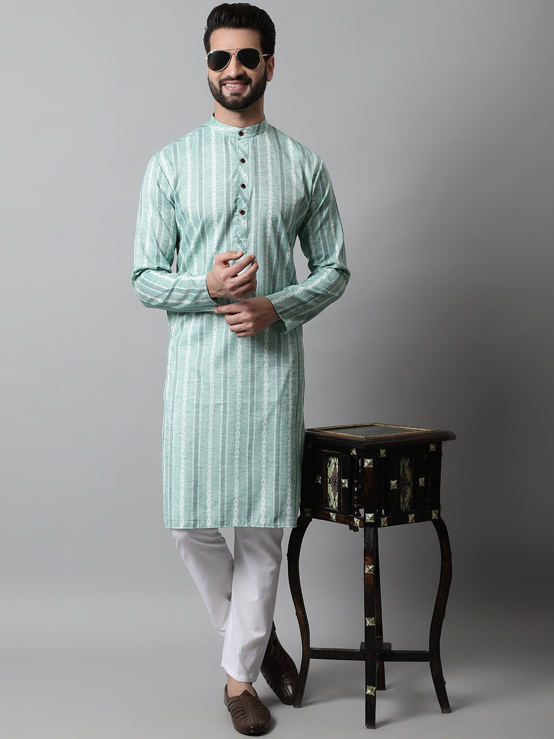 Jompers Men's Sky Blue Geomatric Printed Kurta with Churidar - Distacart