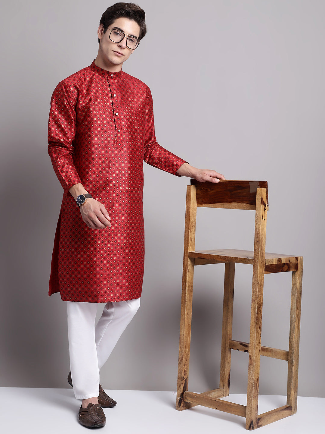 Jompers Men's Maroon Printed Silk Blend Kurta Payjama - Distacart