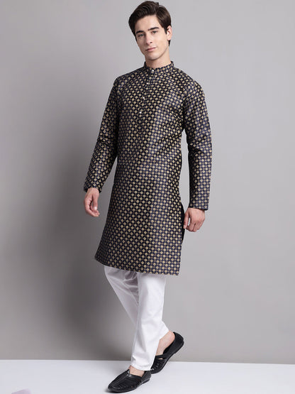 Jompers Men's Navy Blue Printed Silk Blend Kurta Payjama - Distacart