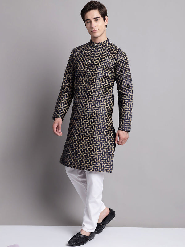 Jompers Men's Navy Blue Printed Silk Blend Kurta Payjama - Distacart