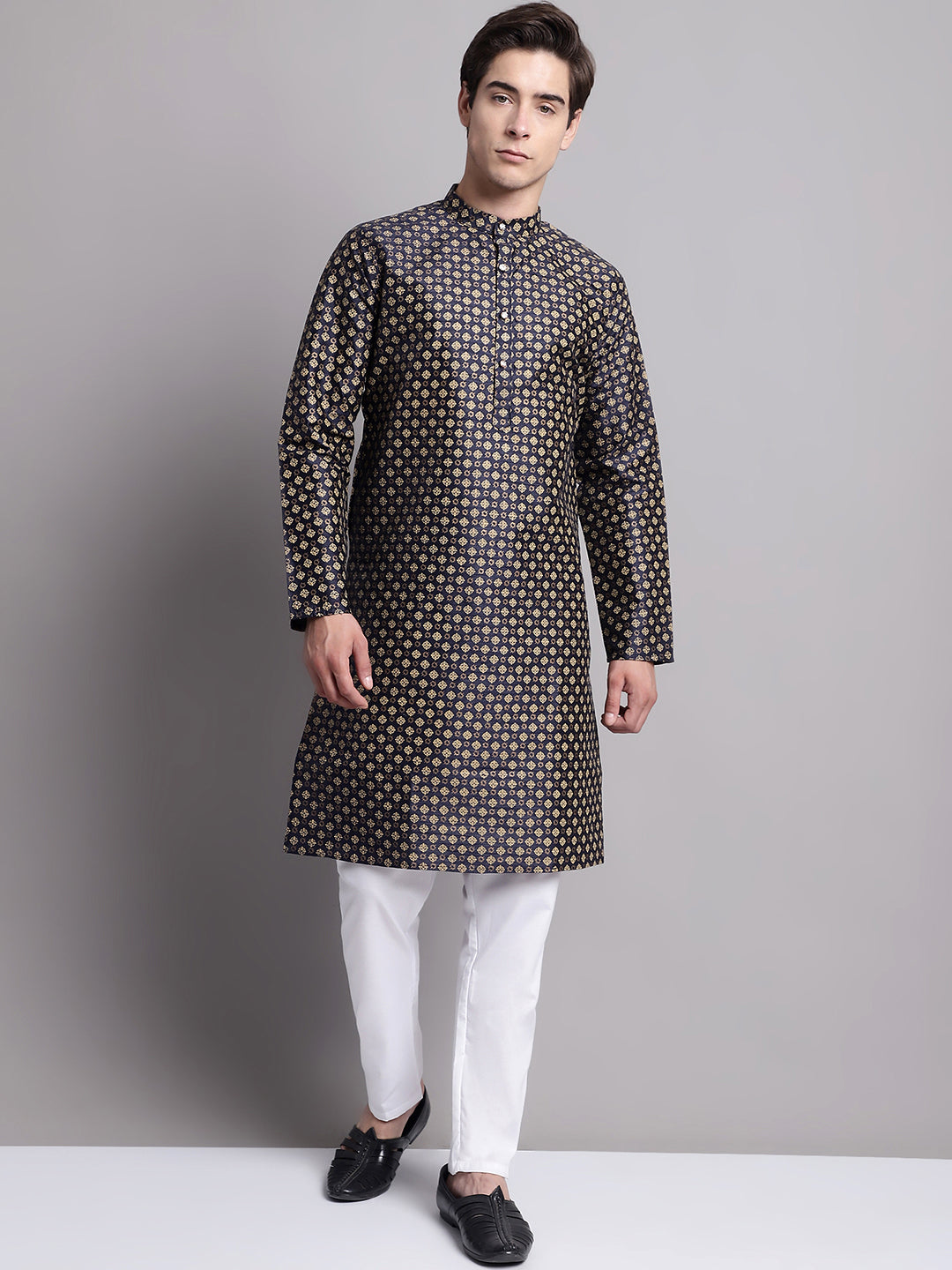 Jompers Men's Navy Blue Printed Silk Blend Kurta Payjama - Distacart