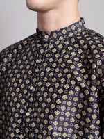 Thumbnail for Jompers Men's Navy Blue Printed Silk Blend Kurta Payjama - Distacart