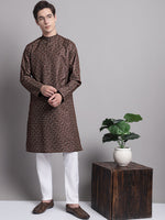 Thumbnail for Jompers Men's Coffee Brown Printed Pure Cotton Kurta Payjama Set - Distacart