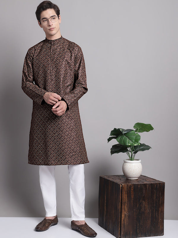 Jompers Men's Coffee Brown Printed Pure Cotton Kurta Payjama Set - Distacart
