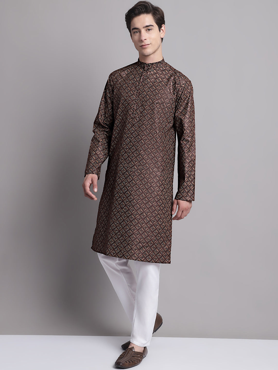 Jompers Men's Coffee Brown Printed Pure Cotton Kurta Payjama Set - Distacart