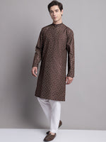 Thumbnail for Jompers Men's Coffee Brown Printed Pure Cotton Kurta Payjama Set - Distacart