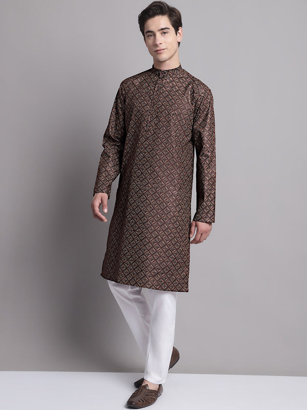 Jompers Men's Coffee Brown Printed Pure Cotton Kurta Payjama Set - Distacart
