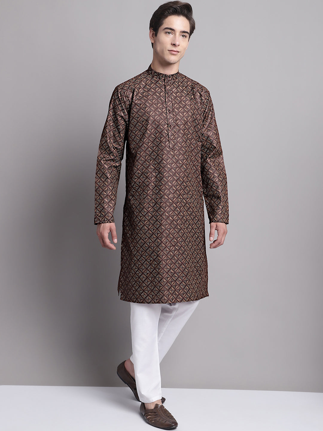 Jompers Men's Coffee Brown Printed Pure Cotton Kurta Payjama Set - Distacart