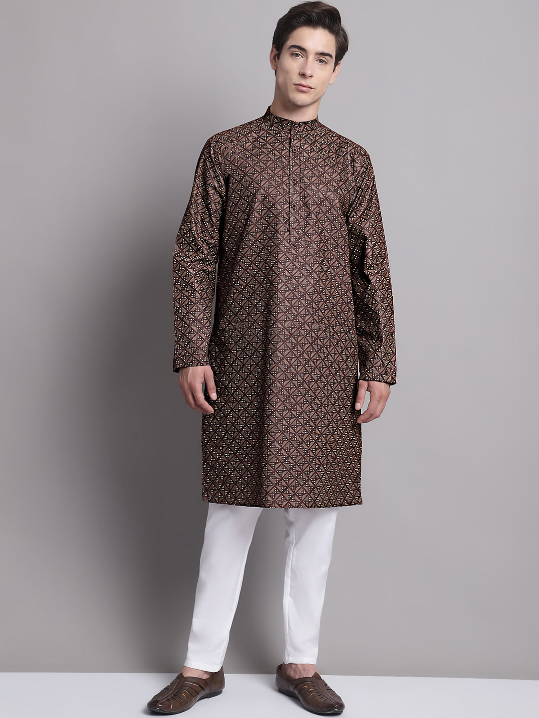 Jompers Men's Coffee Brown Printed Pure Cotton Kurta Payjama Set - Distacart
