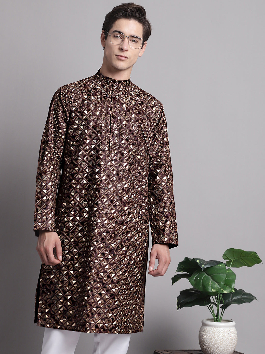 Jompers Men's Coffee Brown Printed Pure Cotton Kurta Payjama Set - Distacart