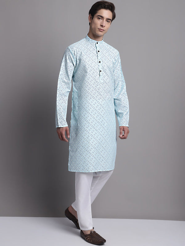 Jompers Men's Sky Blue Printed Pure Cotton Kurta Payjama Set - Distacart