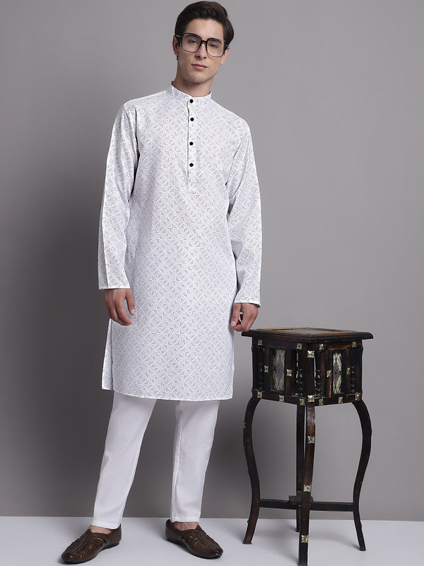 Jompers Men's White Printed Pure Cotton Kurta Payjama Set - Distacart