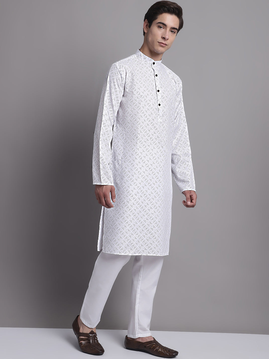 Jompers Men's White Printed Pure Cotton Kurta Payjama Set - Distacart