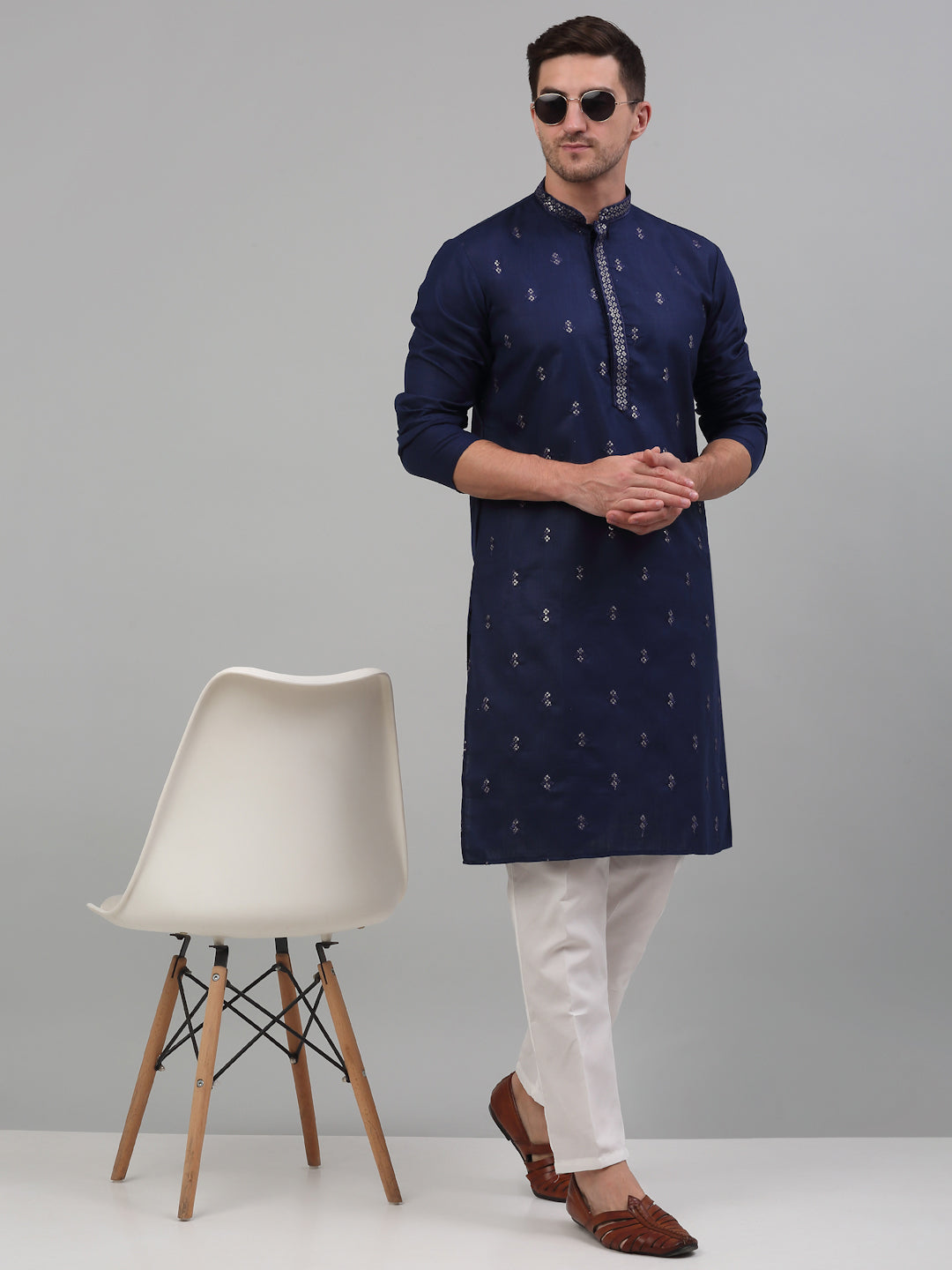 Jompers Men's Navy Blue Embroidered Straight Kurta Pyjama Set - Distacart