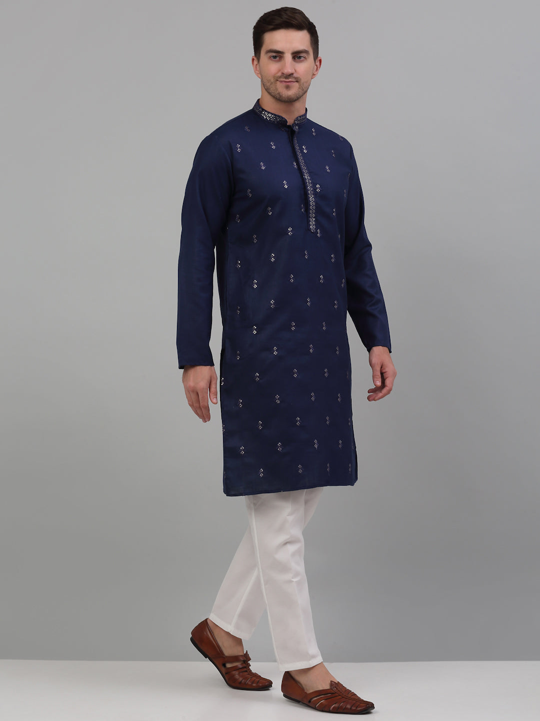 Jompers Men's Navy Blue Embroidered Straight Kurta Pyjama Set - Distacart