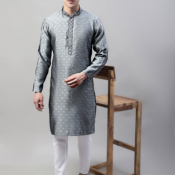 Jompers Men's Grey Collar Embroidered Silk Jacquard Kurta Pyjama - Distacart