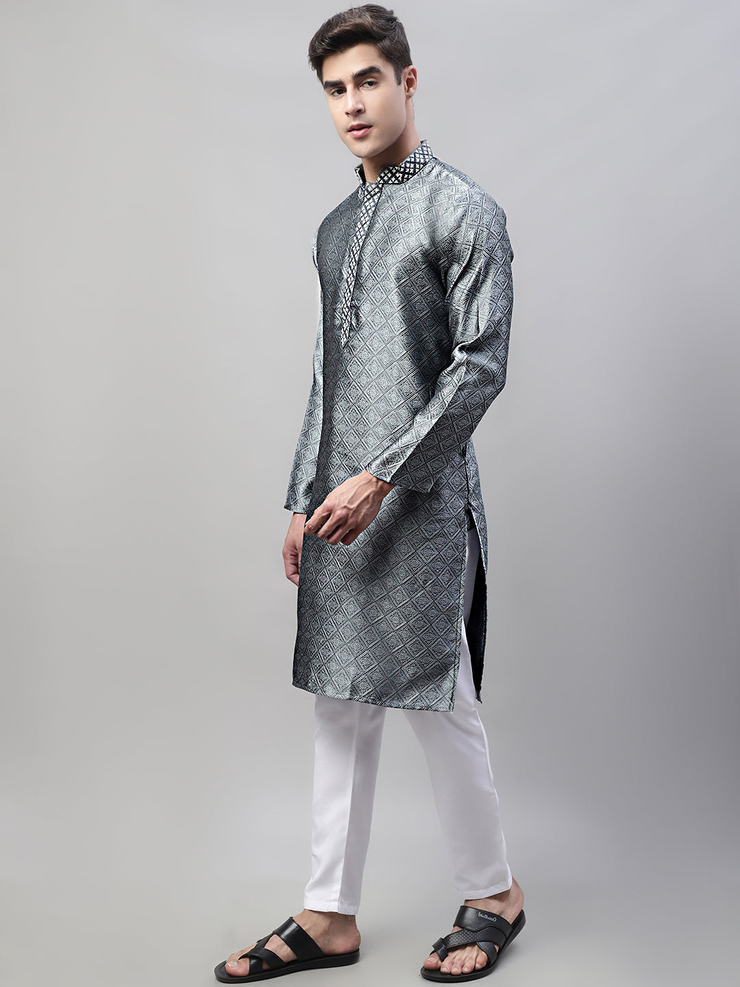 Jompers Men's Grey Collar Embroidered Silk Jacquard Kurta Pyjama - Distacart