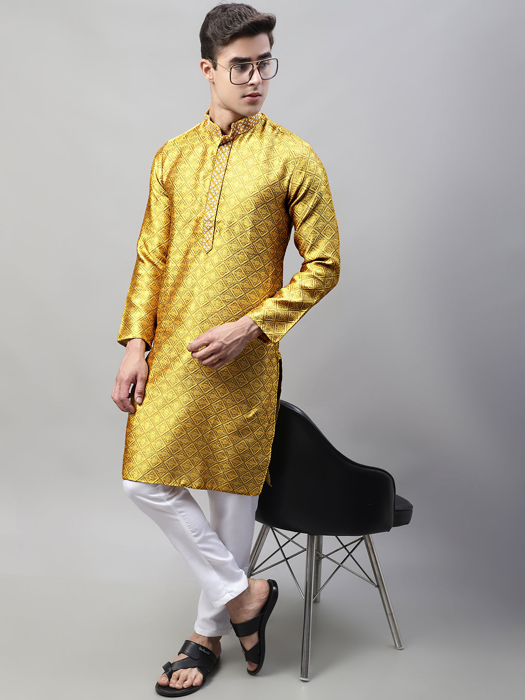Jompers Men's Mustard Collar Embroidered Silk Jacquard Kurta Pyjama - Distacart