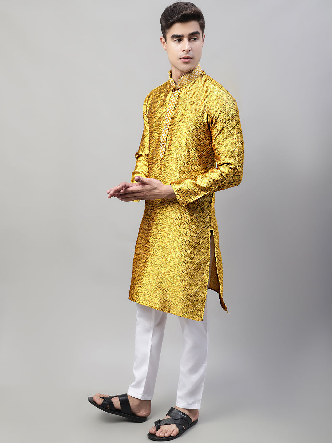 Jompers Men's Mustard Collar Embroidered Silk Jacquard Kurta Pyjama - Distacart