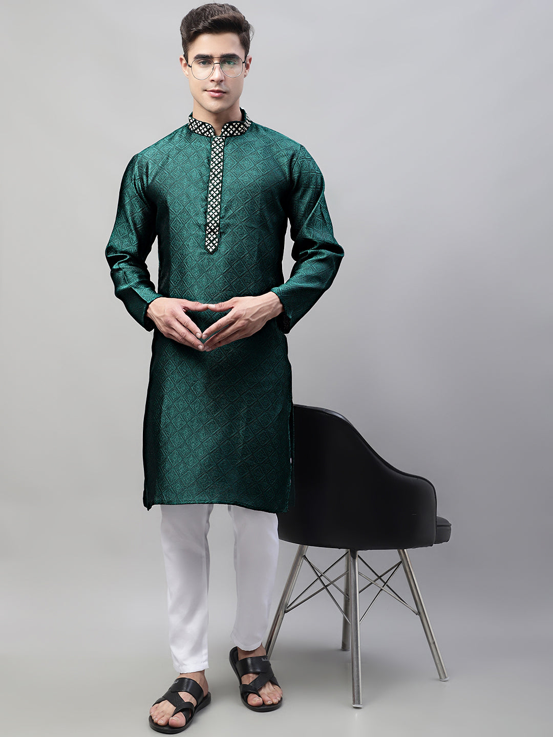 Jompers Men's Olive Green Collar Embroidered Silk Jacquard Kurta Pyjama - Distacart