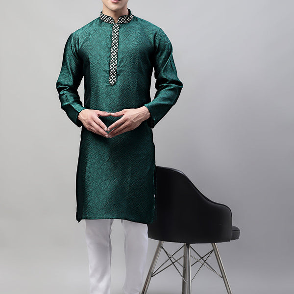 Jompers Men's Olive Green Collar Embroidered Silk Jacquard Kurta Pyjama - Distacart