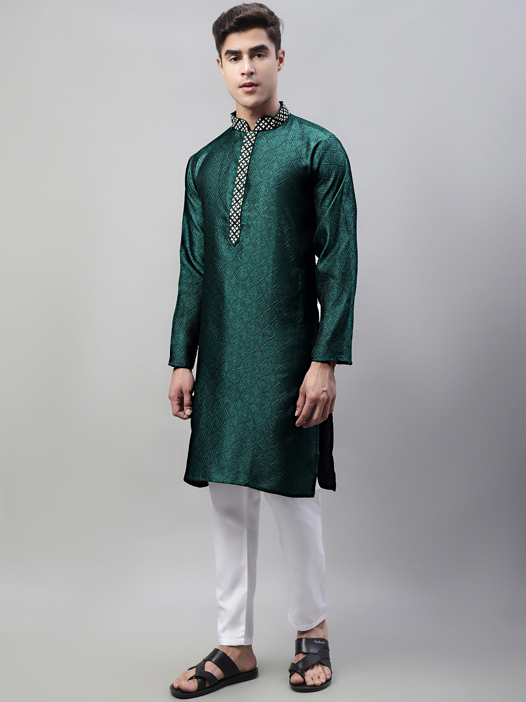Jompers Men's Olive Green Collar Embroidered Silk Jacquard Kurta Pyjama - Distacart