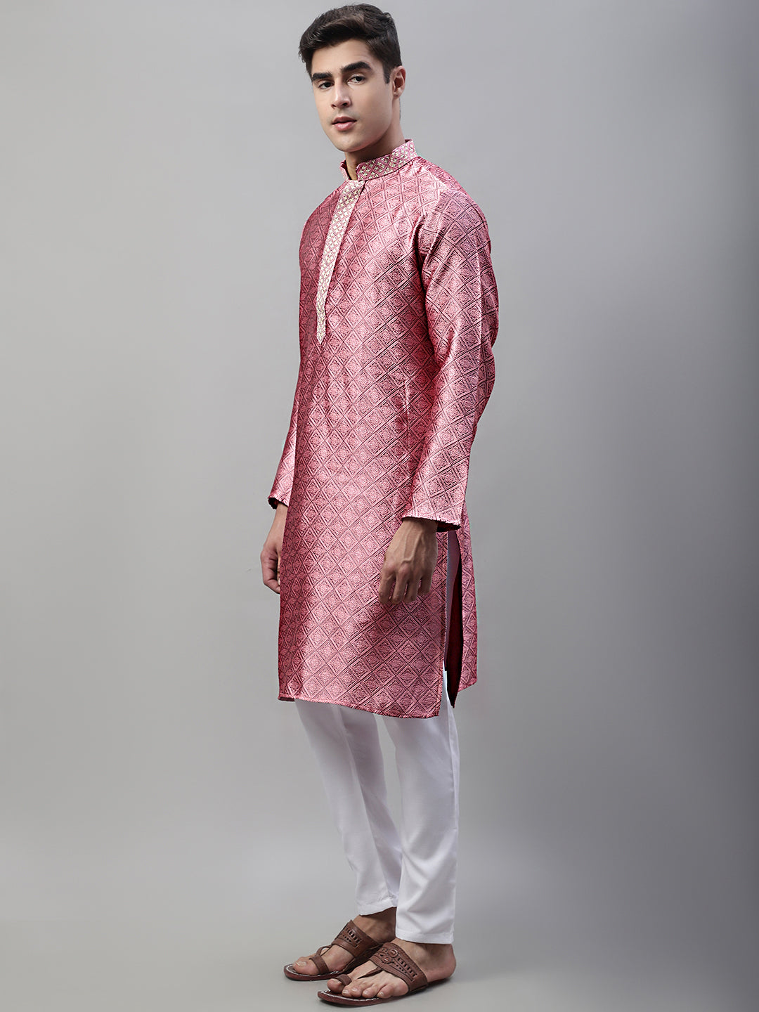 Jompers Men's Pink Collar Embroidered Silk Jacquard Kurta Pyjama - Distacart