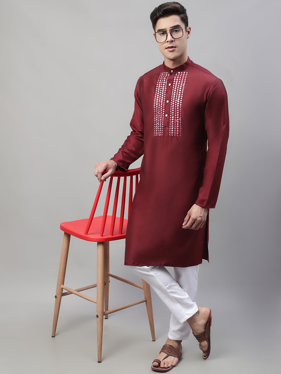 Jompers Men's Maroon Cotton Silk Mirror Work Kurta Pyjama - Distacart