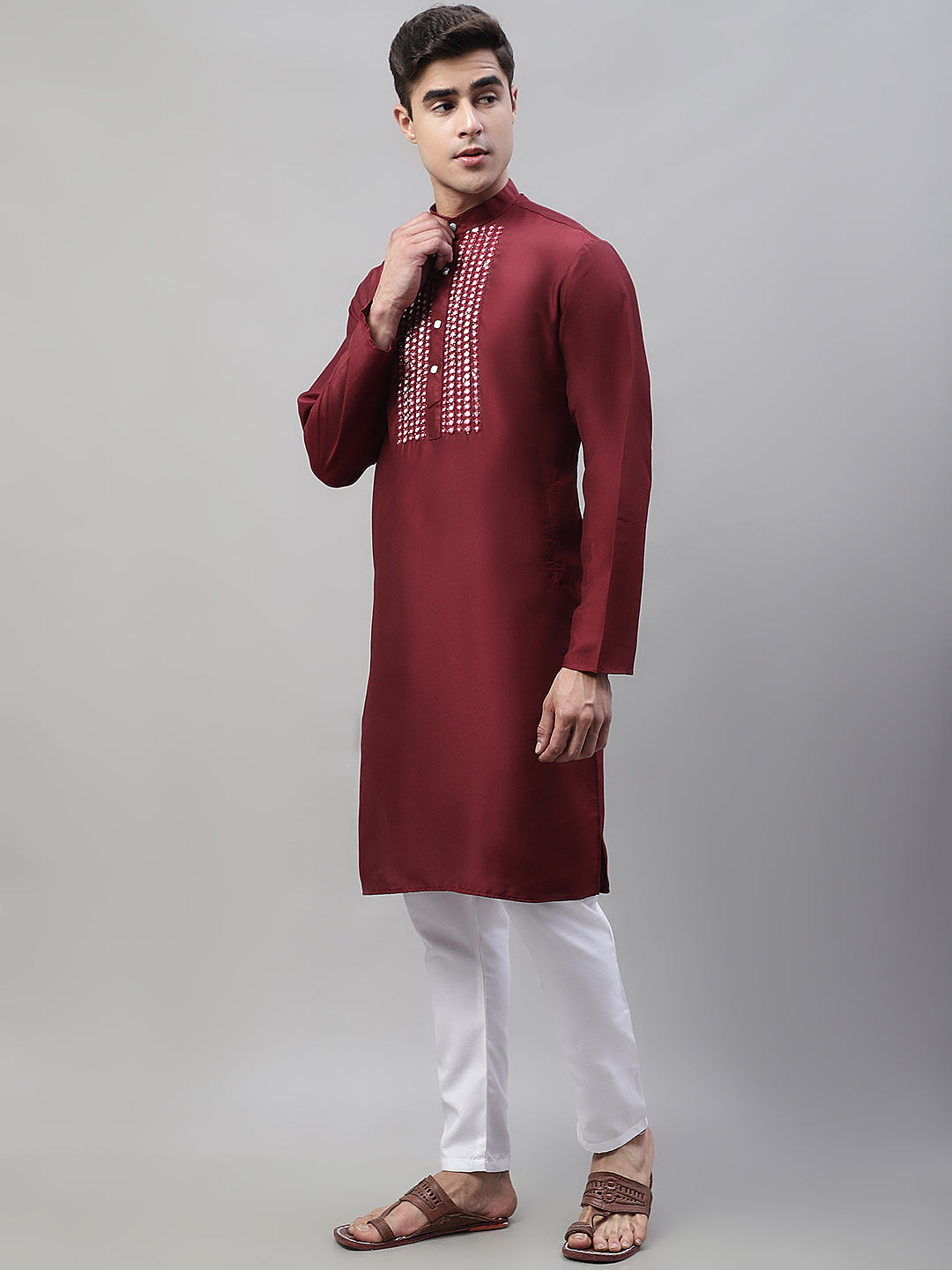 Jompers Men's Maroon Cotton Silk Mirror Work Kurta Pyjama - Distacart