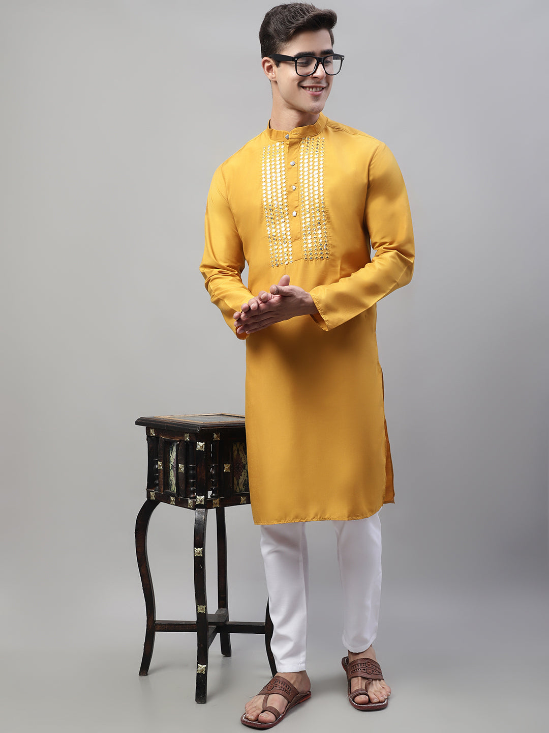 Jompers Men's Mustard Cotton Silk Mirror Work Kurta Pyjama - Distacart